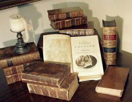 Rare books displayed on a table