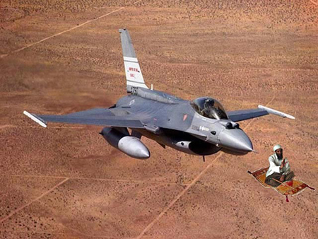 Altered photo of an F-16 fighter jet chasing Osama bin Laden, who's riding a "magic carpet" through the sky