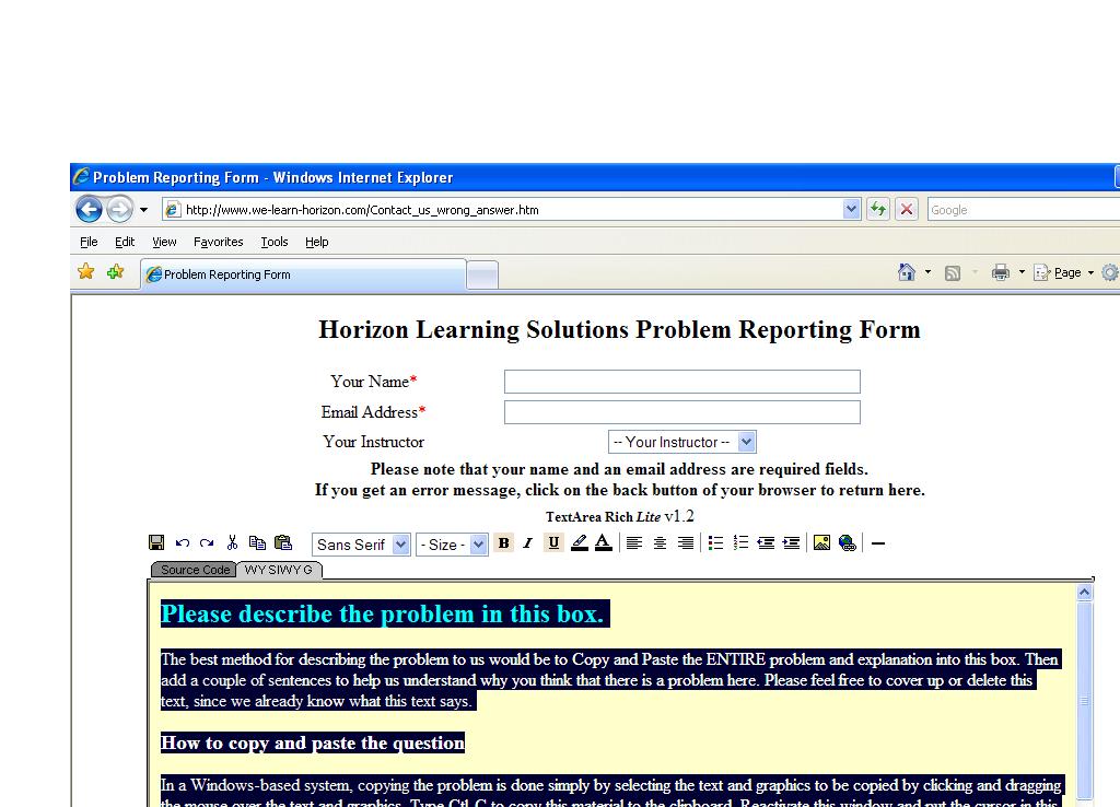 Select the text in the reporting form box
